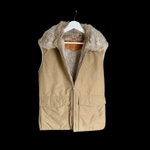 Vintage 70's Woolrich Faux Fur Lined Vest Small Tan Made In USA *Flaw Back